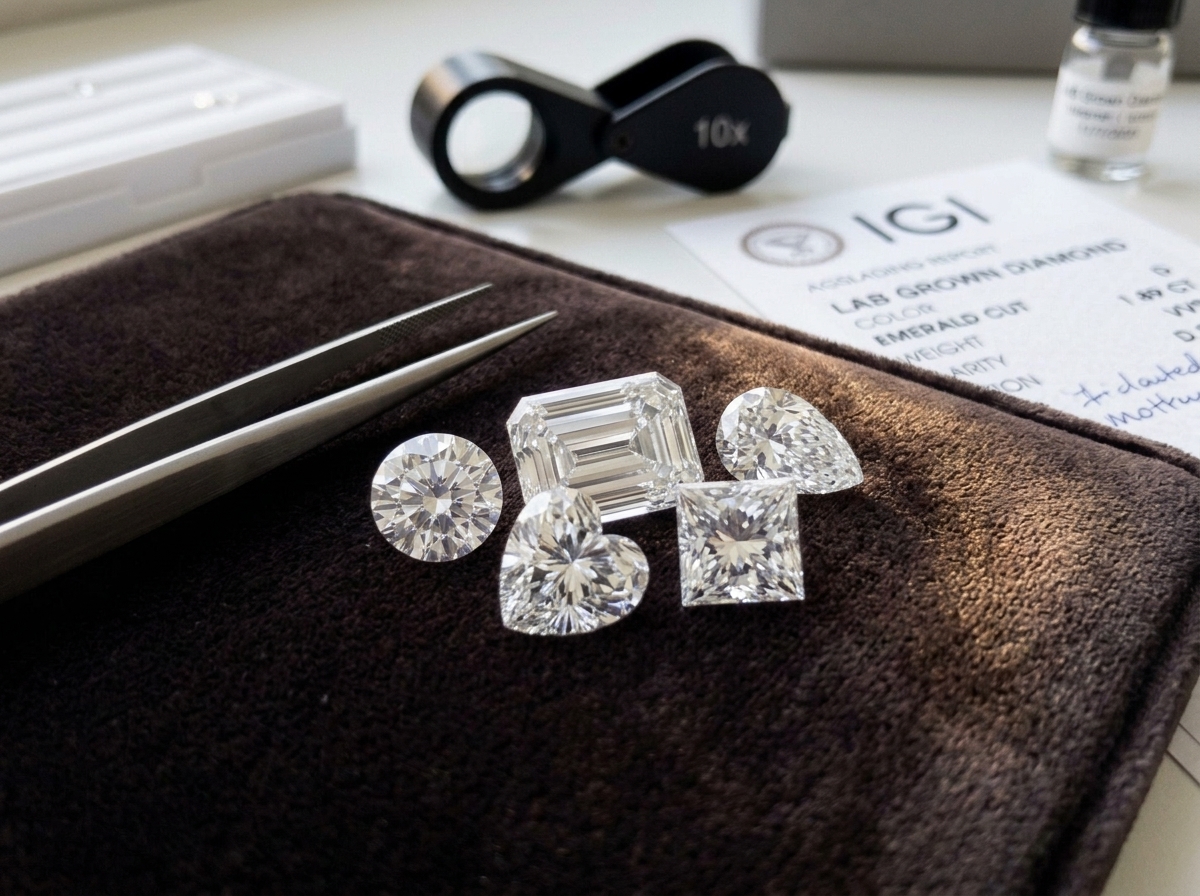 Loose emerald cut diamond with gemological loupe