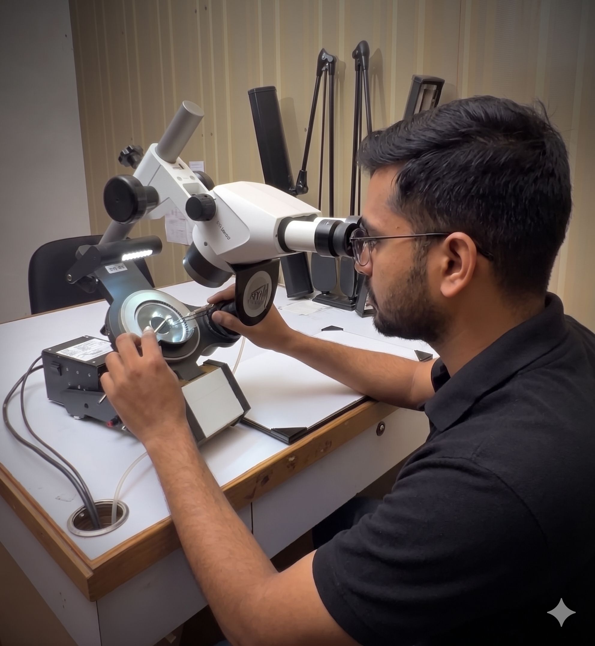 Technician conducting gemological inspection and grading using precision microscope equipment