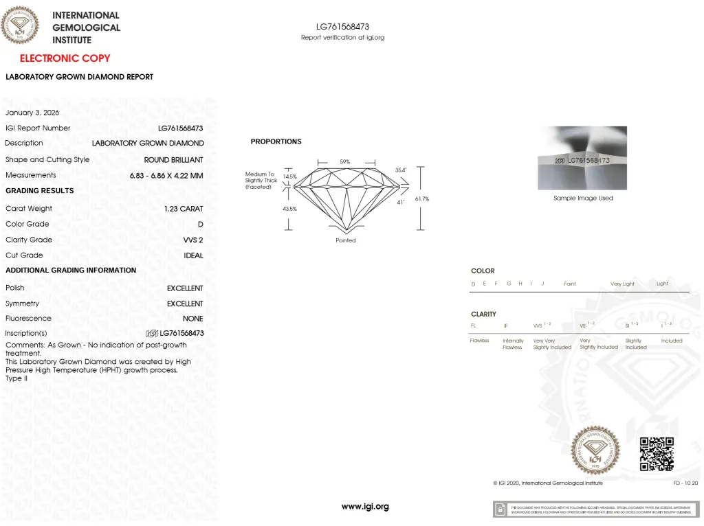 Figure 4.1: Official IGI Laboratory Grown Diamond Report Specimen (LG761568473 — 1.23 ct, D Color, VVS2, Ideal Cut, HPHT Type II)