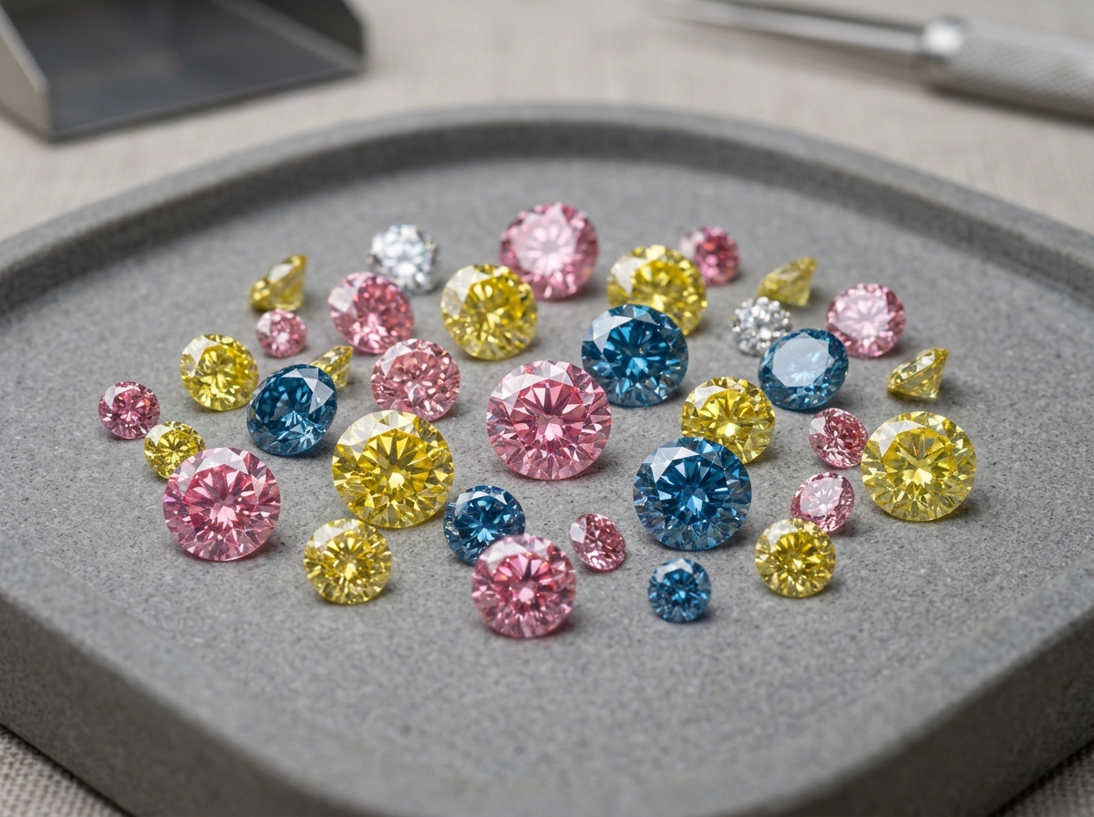 Assortment of loose fancy color lab-grown diamonds including vivid pink, yellow, and blue hues