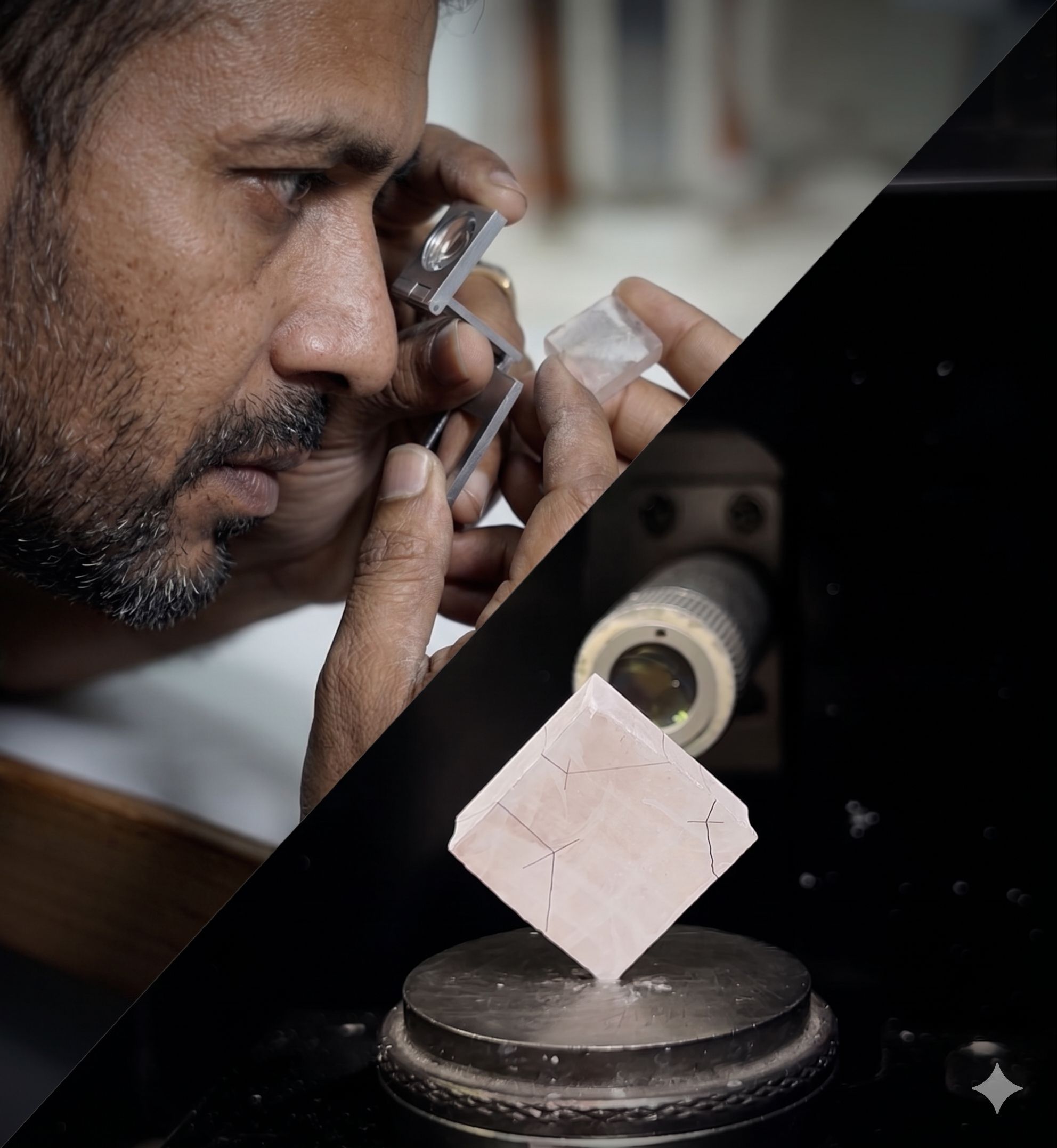Rough lab-grown diamond crystal examination and cut planning by technician
