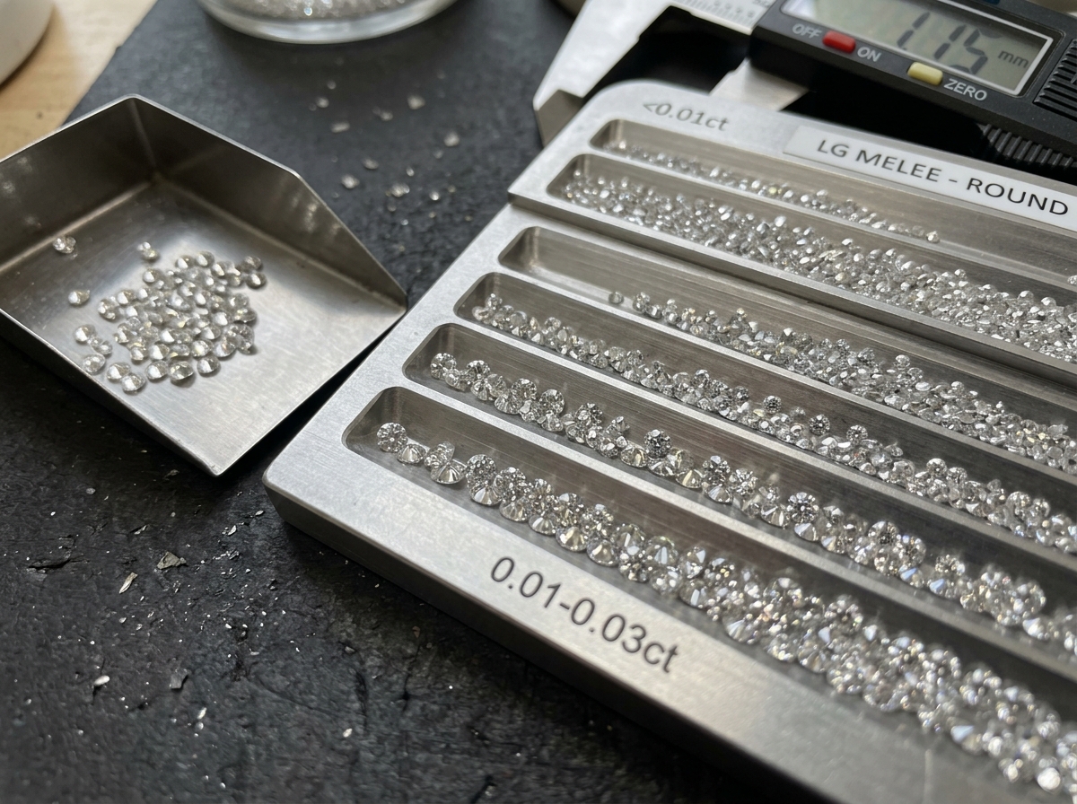 Calibrated round lab-grown melee diamonds sorted by millimeter size for jewelry manufacturing