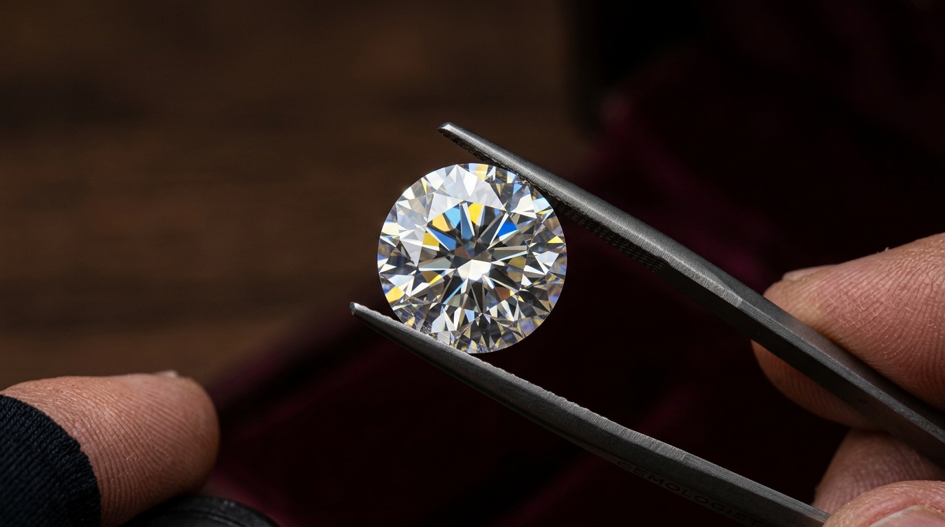 Gemologist examining loose lab-grown diamond with tweezers at Lavish operations